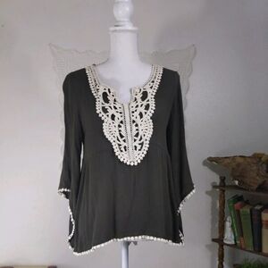 Anthropologie Shirt Women Small Chocolate Brown Boho Bell Crochet Francesca